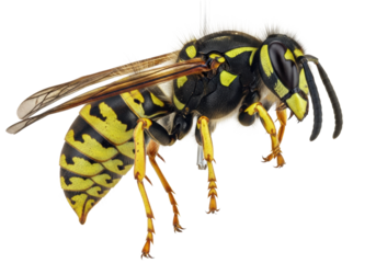 extreme macro shot of a yellow jacket wasp specimen, highlighting the segmented abdomen, glossy yellow stripes, and chitin texture on a transparent background. entomology study concept
