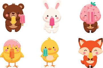 Obraz premium Cute animal characters holding colorful popsicles including bear bunny chick fox and strawberry themed illustration on clean white background