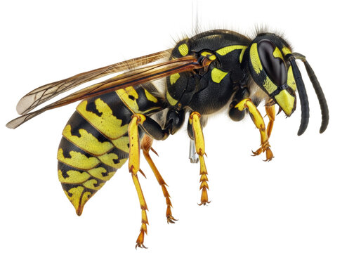 extreme macro shot of a yellow jacket wasp specimen, highlighting the segmented abdomen, glossy yellow stripes, and chitin texture on a transparent background. entomology study concept