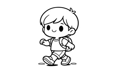 Cute cartoon boy with backpack walking happily, simple line art illustration