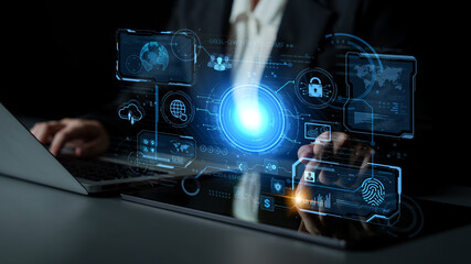 A futuristic command center interface for managing a global technology platform. The dashboard includes data security, network administration, and biometric user authentication. Fermion