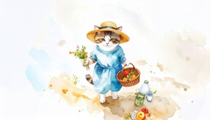 Beautiful watercolor painting of a stylish tabby cat gardener carrying flowers and organic vegetables in a basket on a sunny day