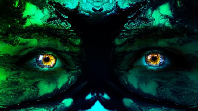 A mystic woman's face of green color close-up with colorful eyes and patterns of dripping black and white paint on her face. Mysterious female gaze. Glowing eyes in the darkness. 4k time-lapse video.