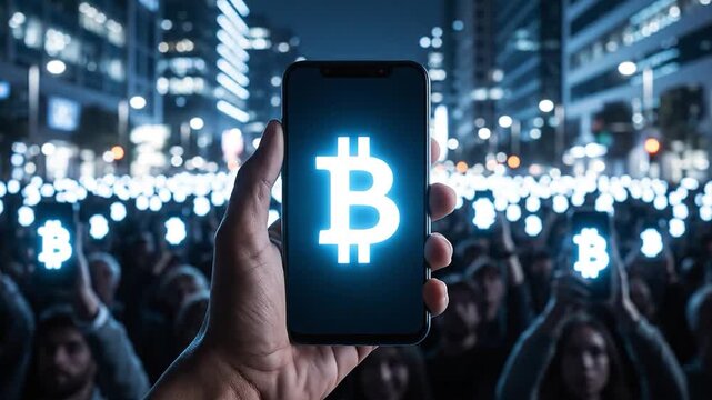 Holding up a phone with a Bitcoin logo in a crowd.