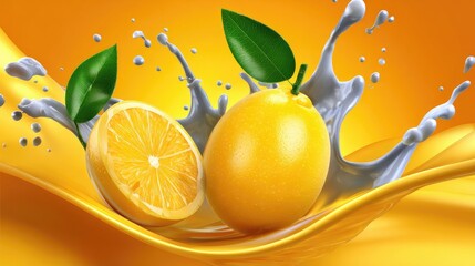 Fresh Lemon and Whole Fruit with Splashing Milk, Vibrant Yellow Background Illustrating Refreshing and Juicy Nature of Citrus in Culinary Settings