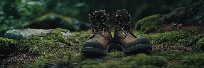 Two brown boots are on a mossy rock