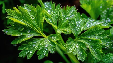 Fresh green parsley leaves glistening with dew droplets in a vibrant garden setting, capturing the essence of nature's beauty and freshness in detail