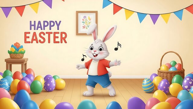 Easter bunny dancing with colorful eggs.