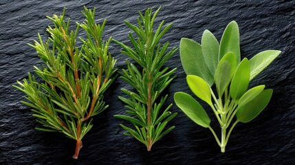 Fresh Green Herbs Including Rosemary and Sage Displayed on a Dark Slate Background for Culinary and Natural Health Imagery