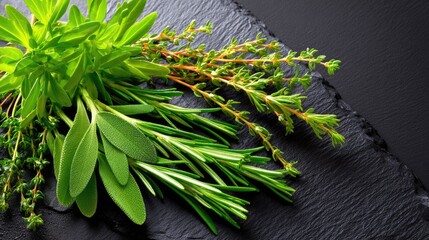 Fresh Green Culinary Herbs on Dark Slate Board for Cooking, Seasoning, and Garnishing with Rosemary, Thyme, Basil, and Sage for Food Preparation