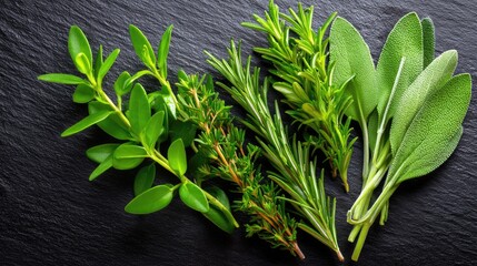 Fresh and Vibrant Culinary Herbs on a Dark Slate Background, Including Thyme, Rosemary, Sage, and Various Other Greenery for Cooking and Culinary Arts