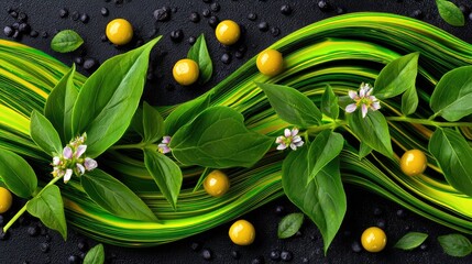 Vibrant Green Leaves and Yellow Berries on Dark Surface with Whimsical Colorful Waves and Natural Elements for Decorative and Culinary Concepts