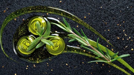 Artistic Presentation of Olive Oil with Fresh Rosemary Sprigs on Textured Black Surface in Gourmet Food Styling