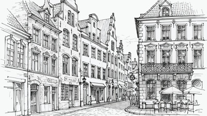 Obraz premium European old town street with classic facades sketch