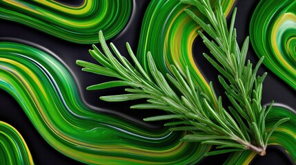 Fresh rosemary herb atop flowing vibrant green and yellow paint swirls on a dark background, representing culinary artistry and natural beauty