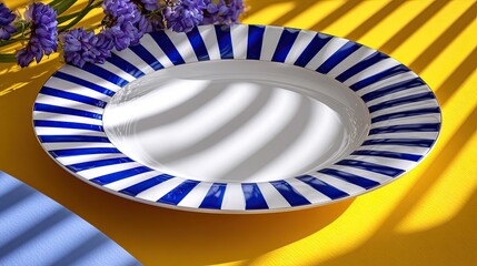 Colorful striped plate with floral arrangement casting shadows on vibrant yellow background for table setting and food presentation photography