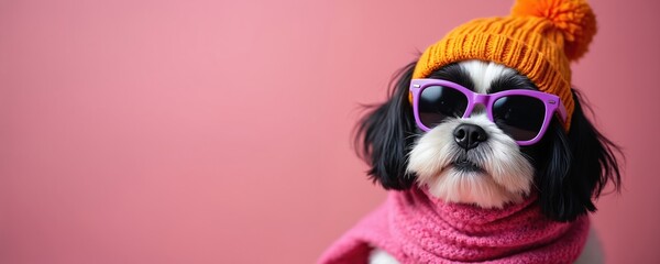 A cute dog wears hat scarf and sunglasses. Funny pet animal portrait on pink background. Stylish canine in winter clothes. Cheerful doggy ready for cold weather. Pet fashion.