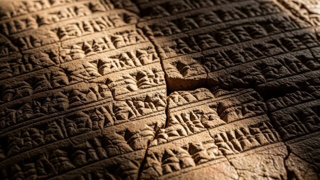 Ancient archaeological texture of cracked cuneiform script on a clay tablet under dramatic raking light.