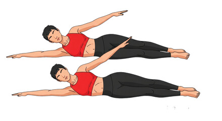 Obraz premium Young caucasian woman demonstrating core exercise steps in a red crop top and black leggings, isolated vector infographic on a transparent background, instructional fitness visualization concept