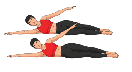 Young caucasian woman demonstrating core exercise steps in a red crop top and black leggings, isolated vector infographic on a transparent background, instructional fitness visualization concept