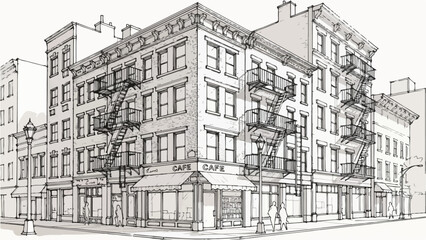 Obraz premium Classic urban corner apartment building sketch