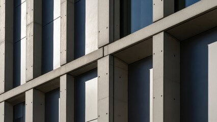 Architectural detail of a modern concrete facade with strong linear shadows cast by the midday sun.