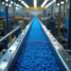 Blue plastic granules move on industrial conveyor belt at factory. Polymer material transported by automated system in production facility. Modern machinery, tech for manufacturing in process.