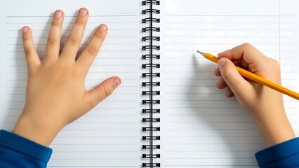 Hands writing in a notebook.