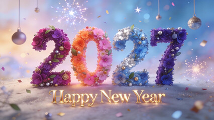 3D festive illustration of the year 2027. Happy New Year, New Year