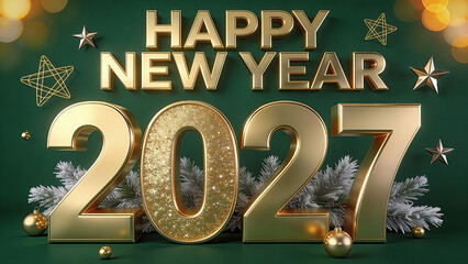3D typography illustration displaying HAPPY NEW YEAR in bold, metallic gold capital letters positioned above a massive 2027. Happy New Year, New Year