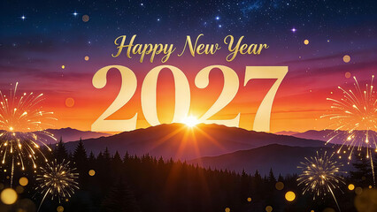 A breathtaking and festive New Year wallpaper featuring the text Happy New Year in elegant golden cursive script above a large, bold 2027 in the center. Happy New Year, New Year