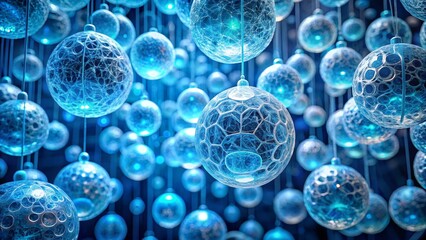 Intricate Blue Glass Spheres Hanging in a Dark Room, Creating a Mesmerizing and Ethereal Atmosphere