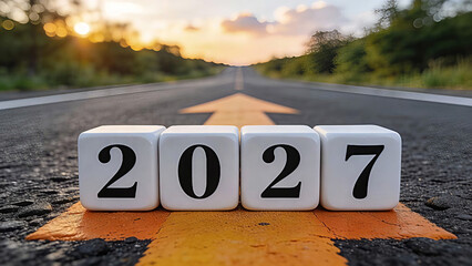 A close-up shot of four white cubic blocks aligned to spell 2027 in black numerals. Happy New Year, New Year