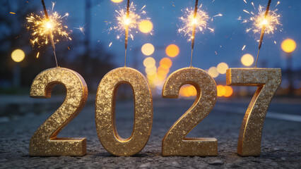 A close-up shot of the year 2027 formed by large, gold glittery 3D numbers standing on a rough grey asphalt surface. Happy New Year, New Year