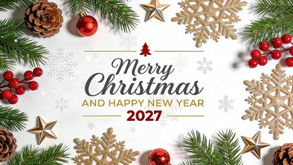 A festive, Christmas and New Year greeting card design on a pristine white background. Happy New Year, New Year