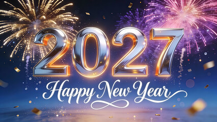 A festive and vibrant New Year celebration image featuring large, glossy 3D typography of the number 2027 in the center. Happy New Year, New Year