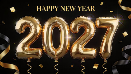 A large, glossy golden foil balloon numbers spelling 2027 centered against a deep black background. Happy New Year, New Year