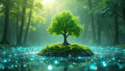 Green tree stands on a small island in water. Forest surrounds it. Tree is connected to water with data lines. Symbolizes tech and eco innovations for better future.