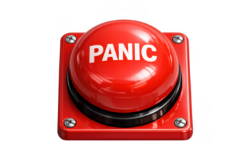 Red panic button ready for activation, indicating emergency, alarm, stress, urgency, or anxiety. Transparent background
