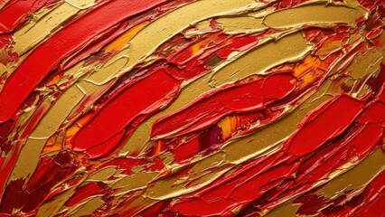 Bold abstract painting with thick impasto strokes of vermillion and gold creating a dynamic emotional texture.