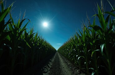 Path through tall green cornfield under bright full moon sky. Long exposure creates dramatic star light streaks. Rural agriculture scene at night.