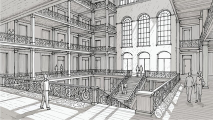 Obraz premium Interior architectural sketch of historic grand hallway