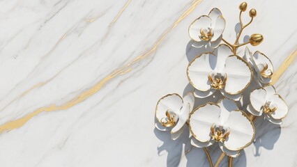 white gold orchids arranged on textured white marble background with subtle gold foil streaks