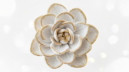 white gold flower with soft velvet petals shimmering with metallic gold dust set against white background