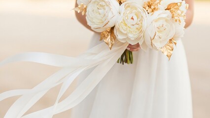 Elegant wedding bouquet of white gold peonies white silk ribbons