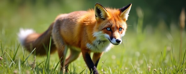 Fototapeta premium Red fox in natural habitat. Wild animal walking on grass in field. Carnivore with vibrant orange fur and piercing blue eyes. Focus on beautiful creature in nature portrait.