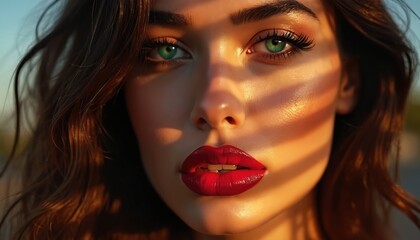 Close-up female face features vibrant red lips, emerald eyes, and wavy hair. Golden hour sunlight creates dramatic shadows across her skin. She looks confident and glamorous.