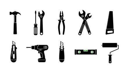 Obraz premium Collection of various black construction tools on white background.