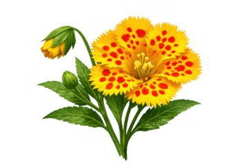Yellow flower with red spots blooming, showing green leaves and budding. Botanical illustration on transparent background