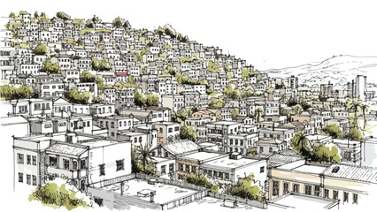 Obraz premium Dense hillside favela urban housing architectural sketch